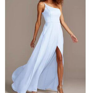 David’s Bridal one shoulder dress crepe satin ice blue